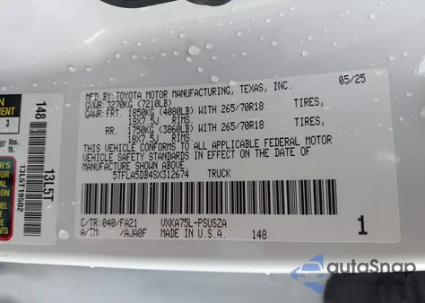 2025 Toyota Tundra Sr5 z USA, uszkodzony, nr VIN 5TFLA5DB4SX312674
